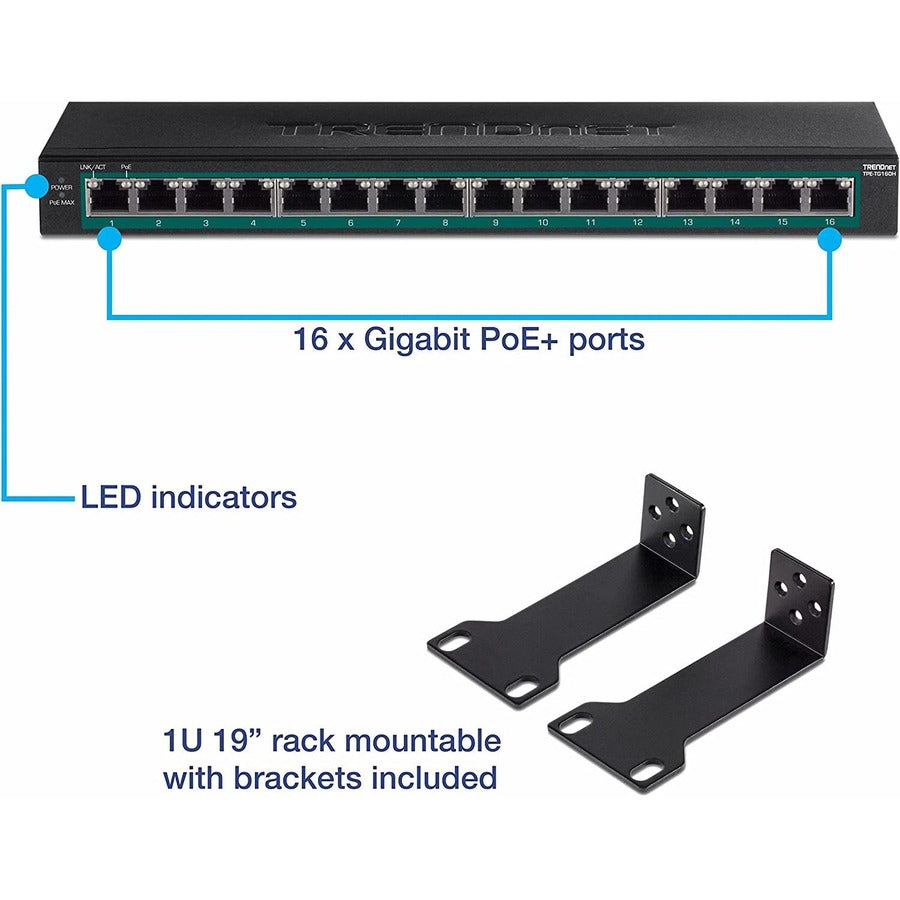 TRENDnet 16-Port Gigabit PoE+ Switch; TPE-TG160H; 123W PoE Power Budget; 32 Gbps Switching Capacity; Desktop Switch; Ethernet Network Switch; Metal; 1U 10" Rack Mountable; Lifetime Protection TPE-TG160H