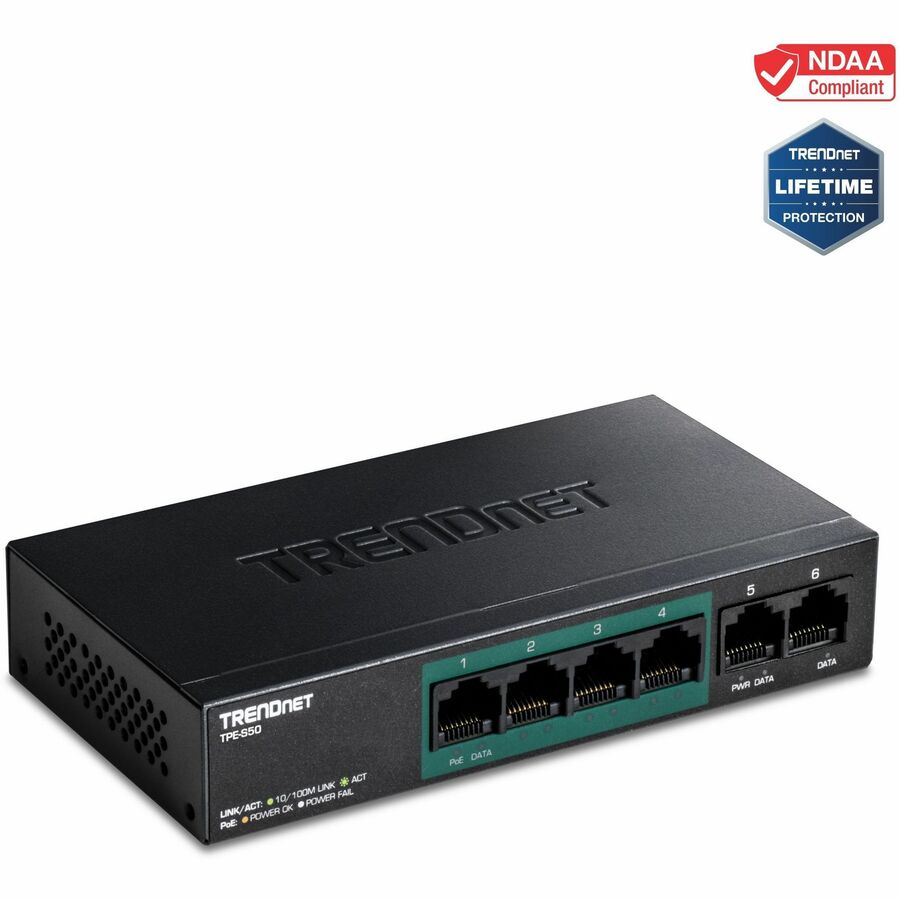 TRENDnet 6-Port Fast Ethernet PoE+ Switch, 4 x Fast Ethernet PoE Ports, 2 x Fast Ethernet Ports, 60W PoE Budget, 1.2 Gbps Switch Capacity, Metal, Lifetime Protection, Black, TPE-S50 TPE-S50