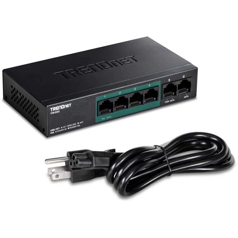 TRENDnet 6-Port Fast Ethernet PoE+ Switch, 4 x Fast Ethernet PoE Ports, 2 x Fast Ethernet Ports, 60W PoE Budget, 1.2 Gbps Switch Capacity, Metal, Lifetime Protection, Black, TPE-S50 TPE-S50