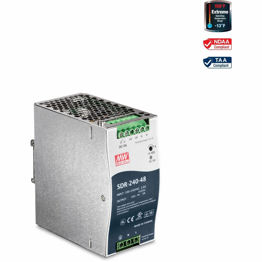 TRENDnet 240W Single Output Industrial DIN-Rail Power Supply, Extreme Operating Temp Range -25 to 70 °C(-13 to 158 °F) Built-in Active PFC, Passive Cooling, DIN-Rail Mount, Silver, TI-S24048 TI-S24048