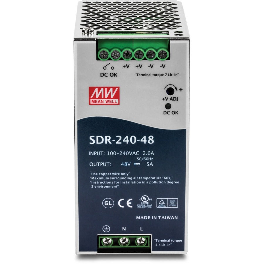 TRENDnet 240W Single Output Industrial DIN-Rail Power Supply, Extreme Operating Temp Range -25 to 70 °C(-13 to 158 °F) Built-in Active PFC, Passive Cooling, DIN-Rail Mount, Silver, TI-S24048 TI-S24048