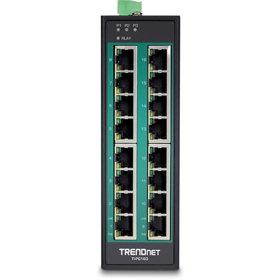 TRENDnet 16-Port Hardened Industrial Unmanaged Gigabit 10/100/1000Mbps DIN-Rail Switch w/ 16 Gigabit PoE+ Ports; Lifetime Protection; TI-PG160 TI-PG160