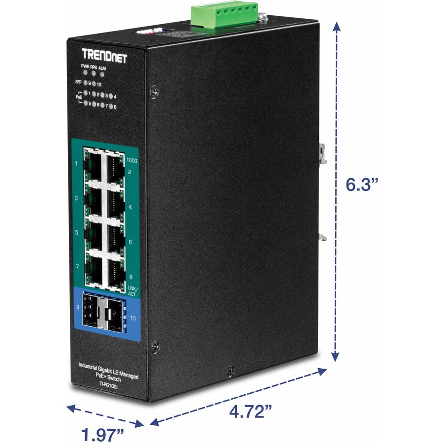 TRENDnet 10-Port Industrial Gigabit L2 Managed PoE+ DIN-Rail Switch, 8 x Gigabit PoE+ Ports, DIN-Rail Mount, 2 x SFP Slots, 2457V DC Power Input, IP30, VLAN, Lifetime Protection, Black, TI-PG102i TI-PG102I