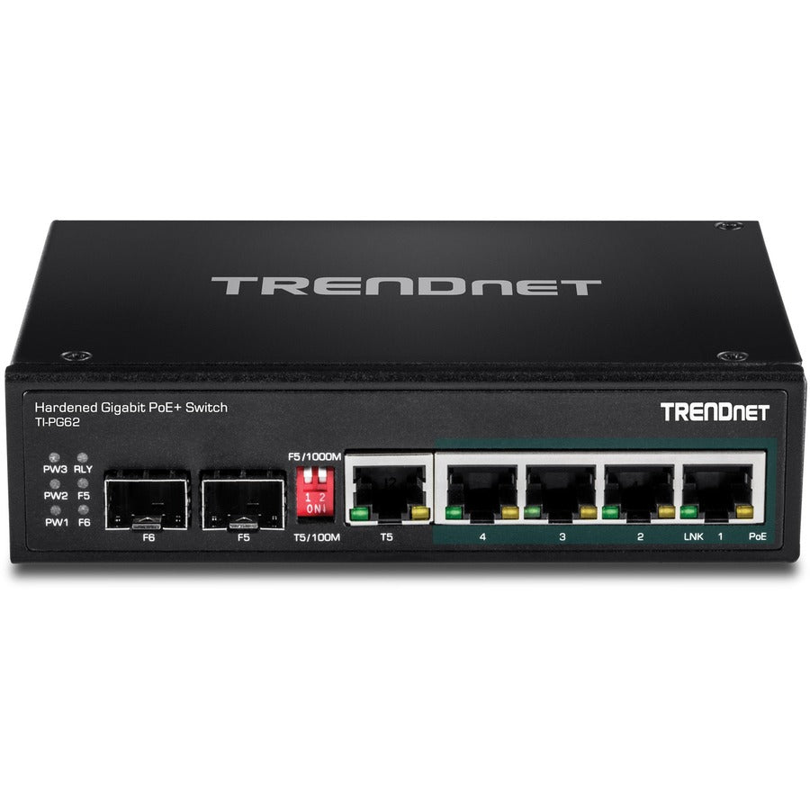 TRENDnet 6-Port Hardened Industrial Gigabit PoE+ DIN-Rail Switch, 4 x Gigabit PoE+ Ports, Shared Gigabit Port (RJ-45/SFP), Dedicated SFP, 120W Power Budget, IP30, Lifetime Protection, Black, TI-PG62 TI-PG62