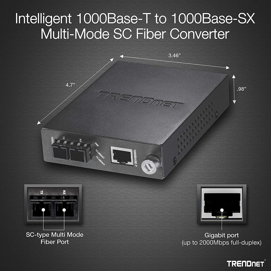 TRENDnet Intelligent 1000Base-T to 1000Base-SX Multi-Mode SC Fiber Media Converter, Up to 550M (1800 ft), Fiber to Ethernet Converter, 2Gbps Switching Capacity, Lifetime Protection, Black, TFC-1000MSC TFC-1000MSC
