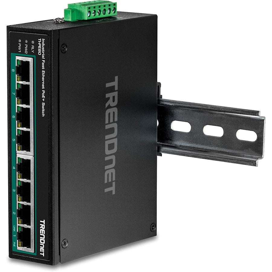 TRENDnet 8-Port Industrial Fast Ethernet PoE+ DIN-Rail Switch;TI-PE80;8 x Fast Ethernet PoE+ Ports;IP30 Network Unmanaged Switch;200W PoE Power Budget; 1.6Gbps Switching Capacity; Lifetime Protection TI-PE80