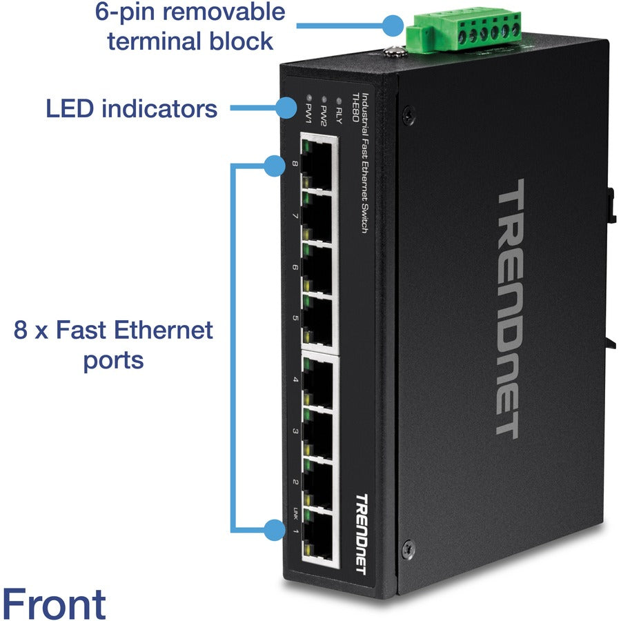 TRENDnet 8-Port Industrial Unmanaged Fast Ethernet DIN-Rail Switch; TI-E80 8 x Fast Ethernet Ports; 1.6Gbps Switching Capacity;8 Port Network Fast Ethernet Switch;IP30 Metal Switch;Lifetime Protection TI-E80