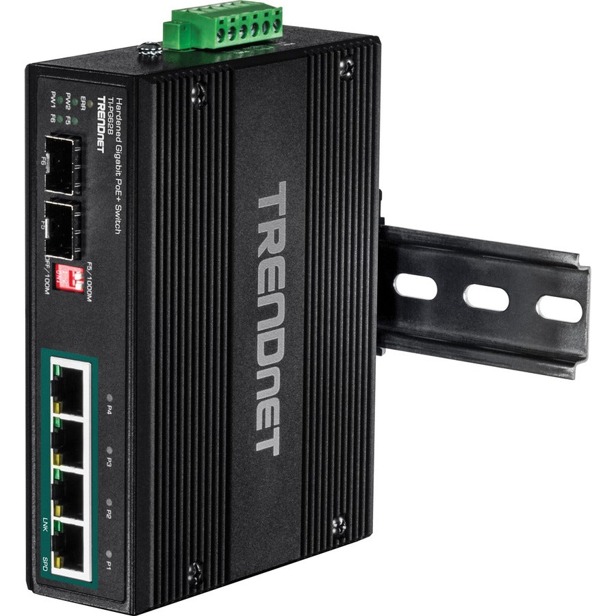 TRENDnet 6-Port Hardened Industrial Unmanaged Gigabit 10/100/1000Mbps DIN-Rail Switch, 4 x Gigabit PoE+ Ports, 2 x Dedicated SFP Slots, Lifetime Protection, Black, TI-PG62B TI-PG62B