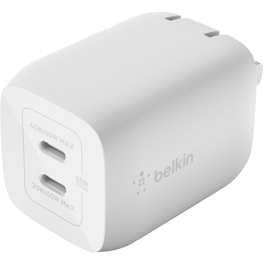 Belkin BoostCharge Pro Dual USB-C GaN Wall Charger with PPS 65W Laptop Chromebook Charging - Power Adapter WCH013DQWH
