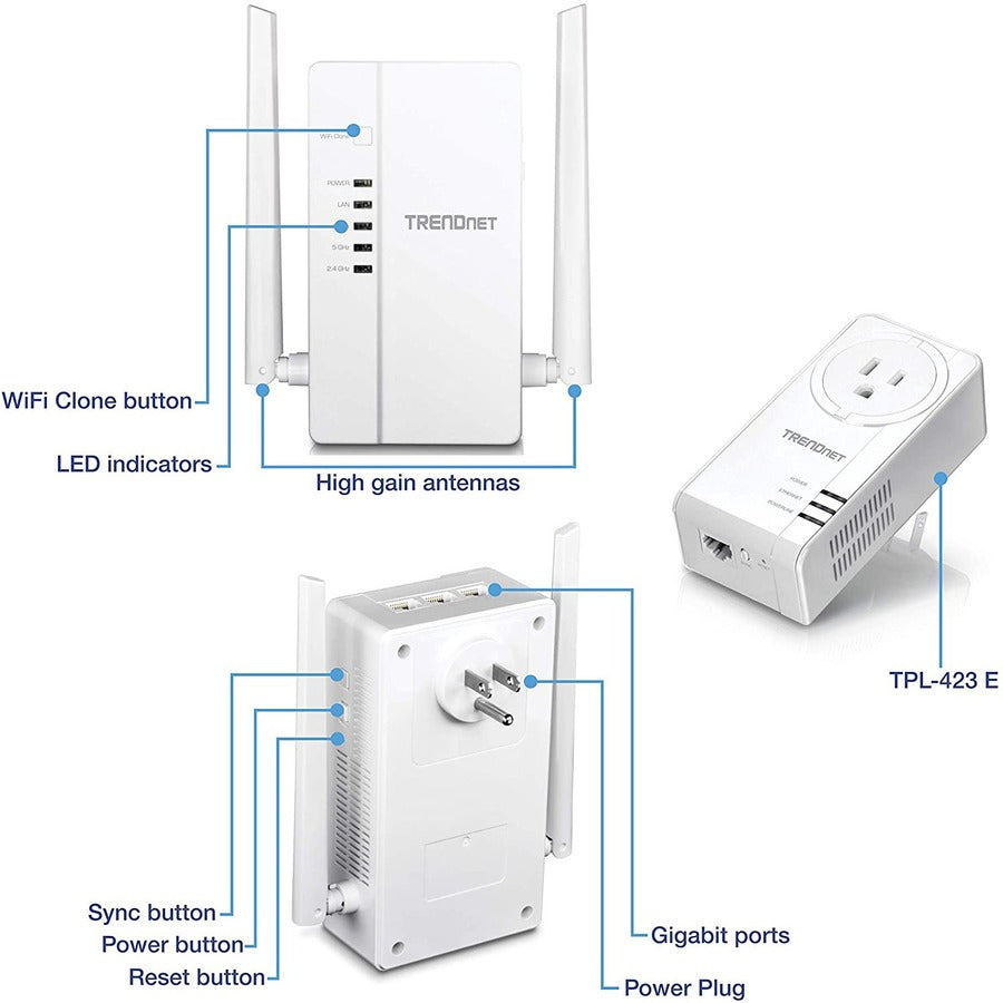 TRENDnet Wi-Fi Everywhere Powerline 1200 AV2 Dual-Band AC1200 Wireless Access Point Kit, Includes 1 x TPL-430AP And 1 x TPL-423E, 3 x Gigabit Ports, Easy Installation, White, TPL-430APK TPL-430APK