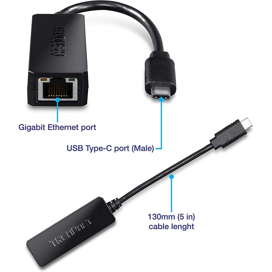 TRENDnet USB Type-C to Gigabit Ethernet LAN Wired Network Adapter for Windows & Mac; Compatible with Windows 10; and Mac OS X 10.6 and Above; Energy Saving; 5 inch length; TUC-ETG TUC-ETG