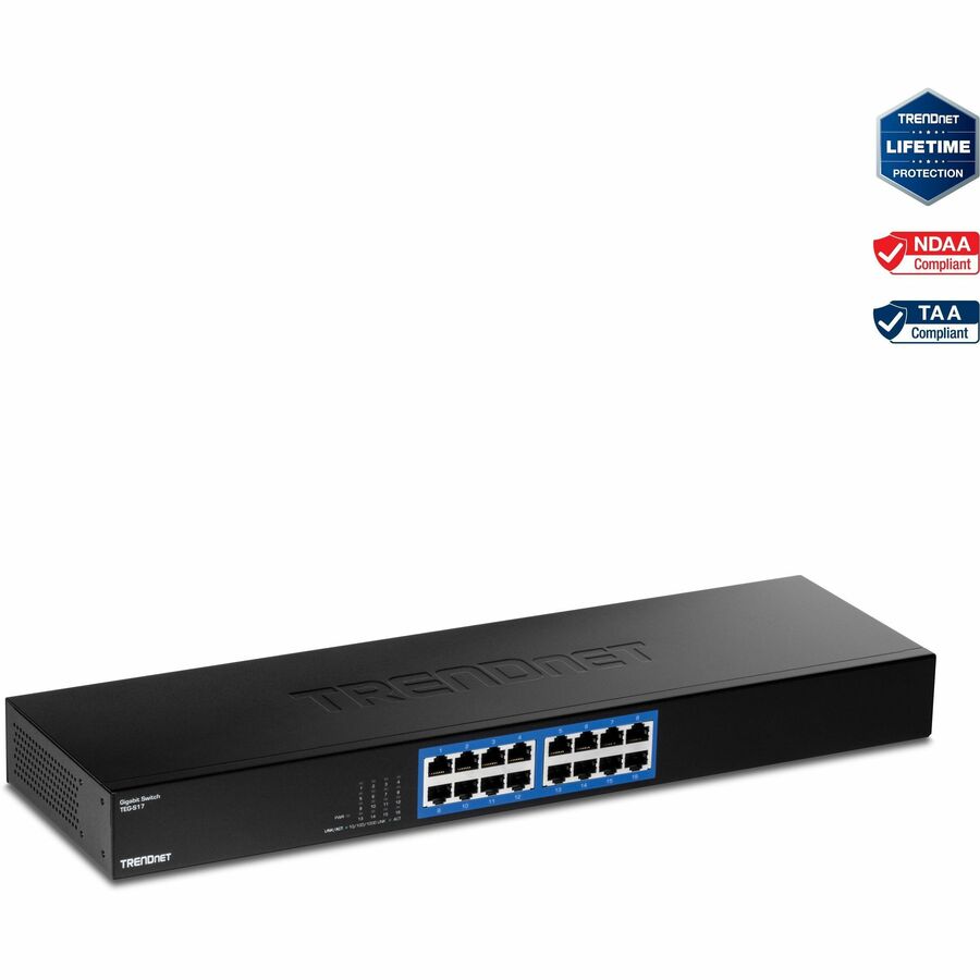 TRENDnet 16-Port Gigabit Switch, TEG-S17, 16 x Gigabit RJ-45 Ports, 32Gbps Switching Capacity, Fanless Design, Metal Enclosure, Internal Power Supply, Lifetime Protection, Black TEG-S17