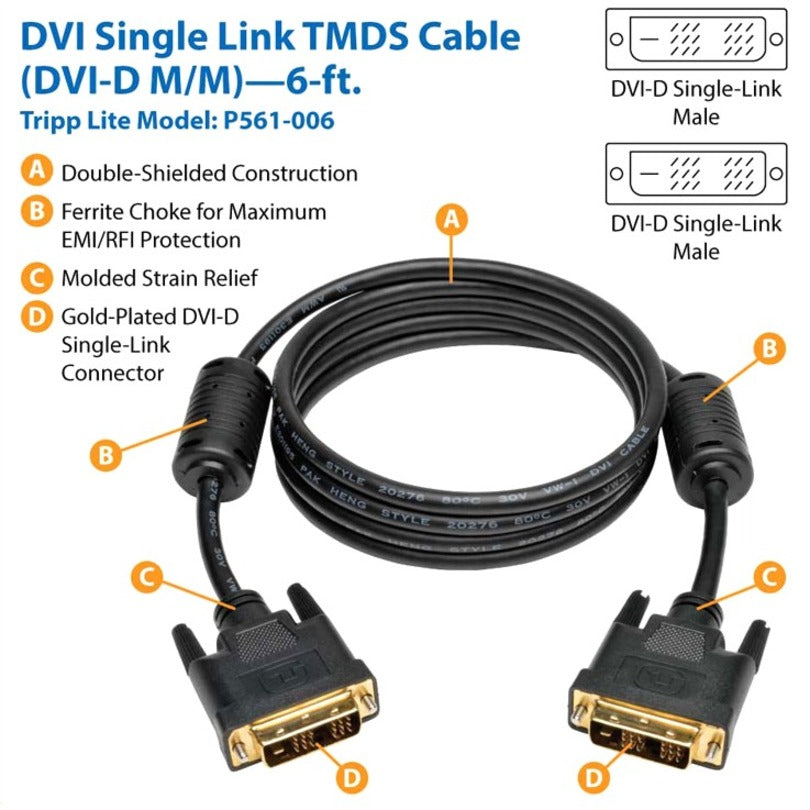 Eaton Tripp Lite Series DVI Single Link Cable, Digital TMDS Monitor Cable (DVI-D M/M), 6 ft. (1.83 m) P561-006