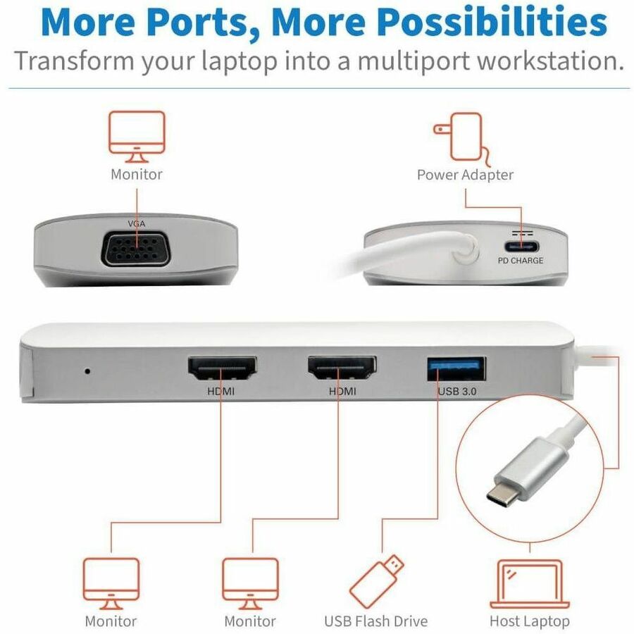 Eaton Tripp Lite Series USB-C Dock, Triple Display - HDMI, VGA, USB 3.x (5Gbps), USB-A Hub, 60W PD Charging U442-DOCK12-S