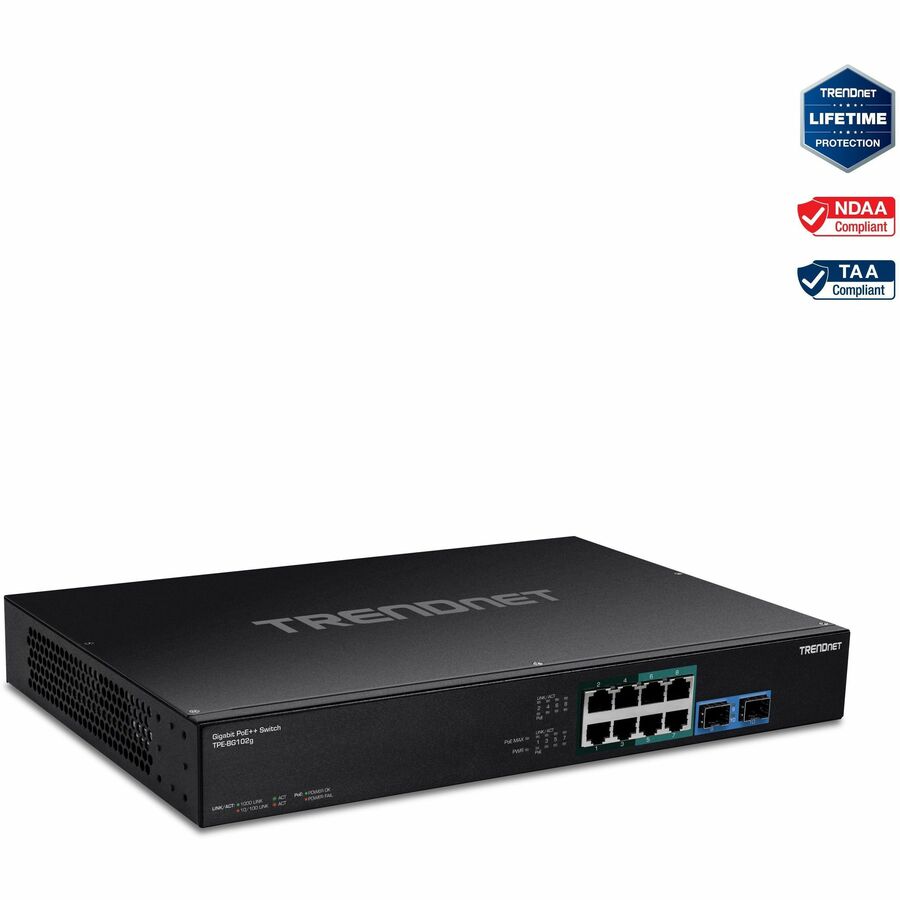 TRENDnet TPE-BG102g- 10-Port Gigabit 240W PoE++ Switch with 4 x 95W PoE++ Ports- 4 x 30W PoE+ Ports- 2 Gigabit SFP Slots, 240W PoE Budget- 1U 19" Rack Mountable TPE-BG102G