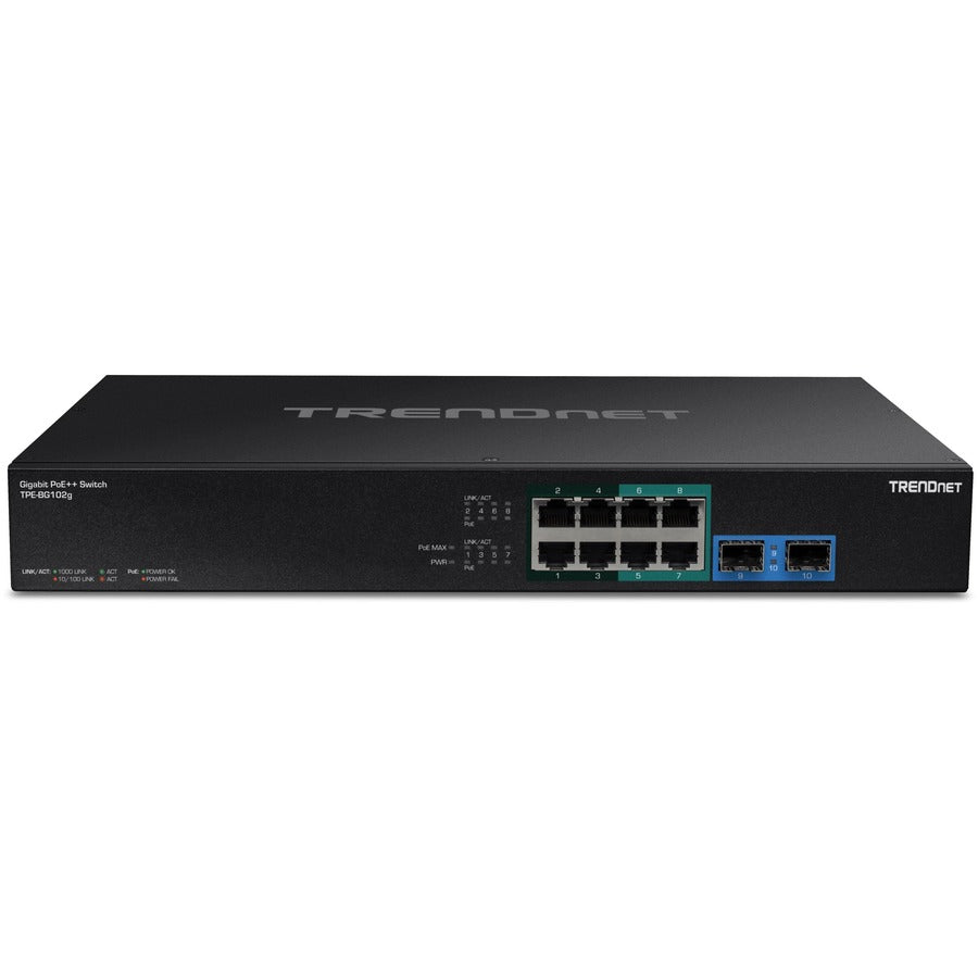 TRENDnet TPE-BG102g- 10-Port Gigabit 240W PoE++ Switch with 4 x 95W PoE++ Ports- 4 x 30W PoE+ Ports- 2 Gigabit SFP Slots, 240W PoE Budget- 1U 19" Rack Mountable TPE-BG102G