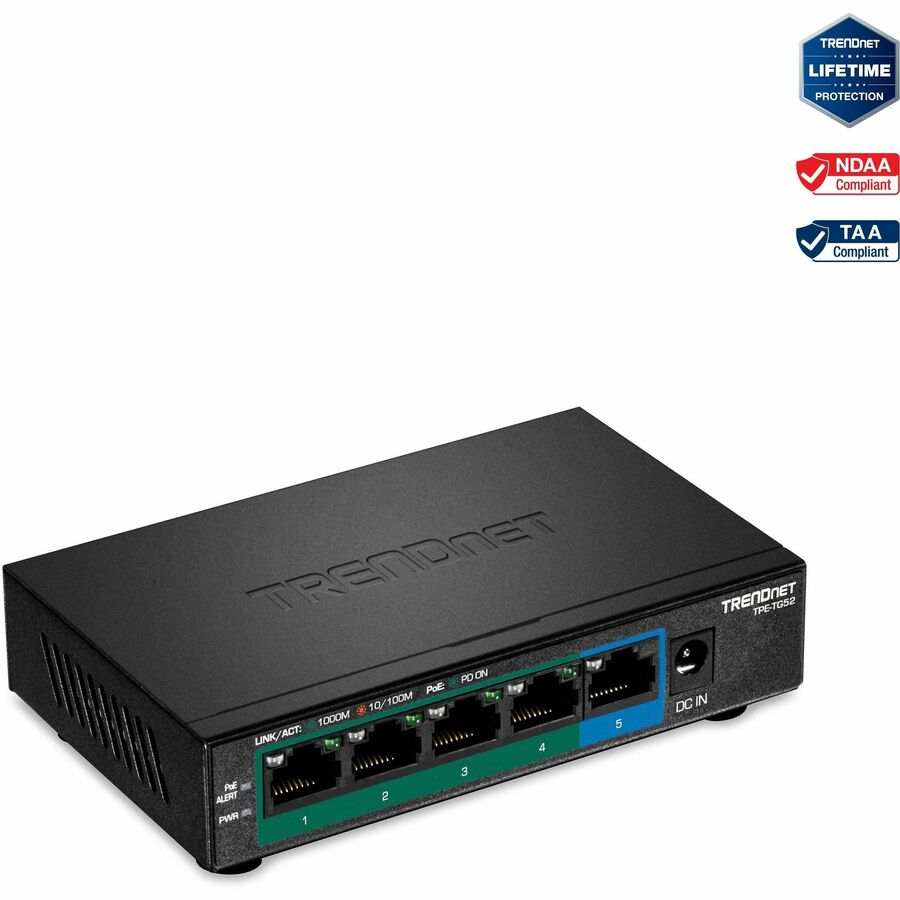 TRENDnet 5-Port Gigabit PoE+ Switch, 32W PoE Power Budget, 10Gbps Switching Capacity, IEEE 802.1p QoS, DSCP Pass-Through Support, Fanless, Wall Mountable, Lifetime Protection, Black, TPE-TG52 TPE-TG52