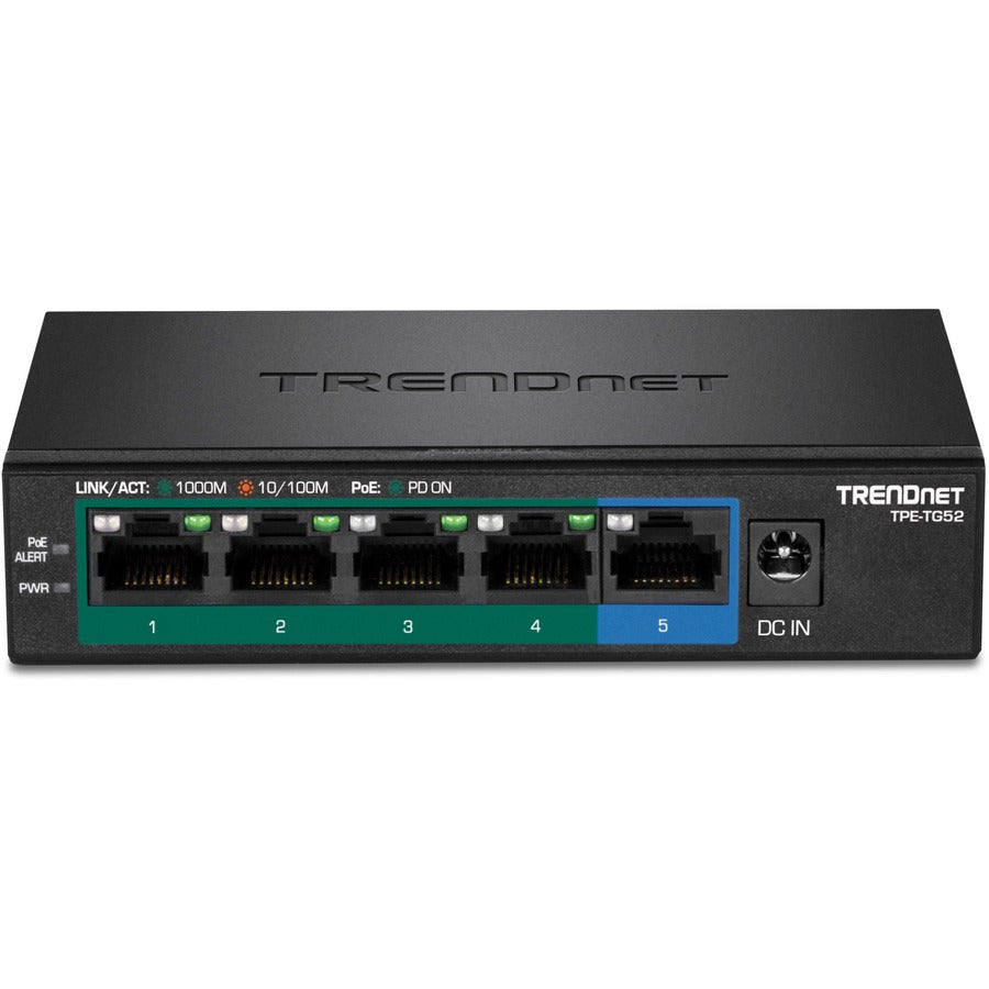 TRENDnet 5-Port Gigabit PoE+ Switch, 32W PoE Power Budget, 10Gbps Switching Capacity, IEEE 802.1p QoS, DSCP Pass-Through Support, Fanless, Wall Mountable, Lifetime Protection, Black, TPE-TG52 TPE-TG52