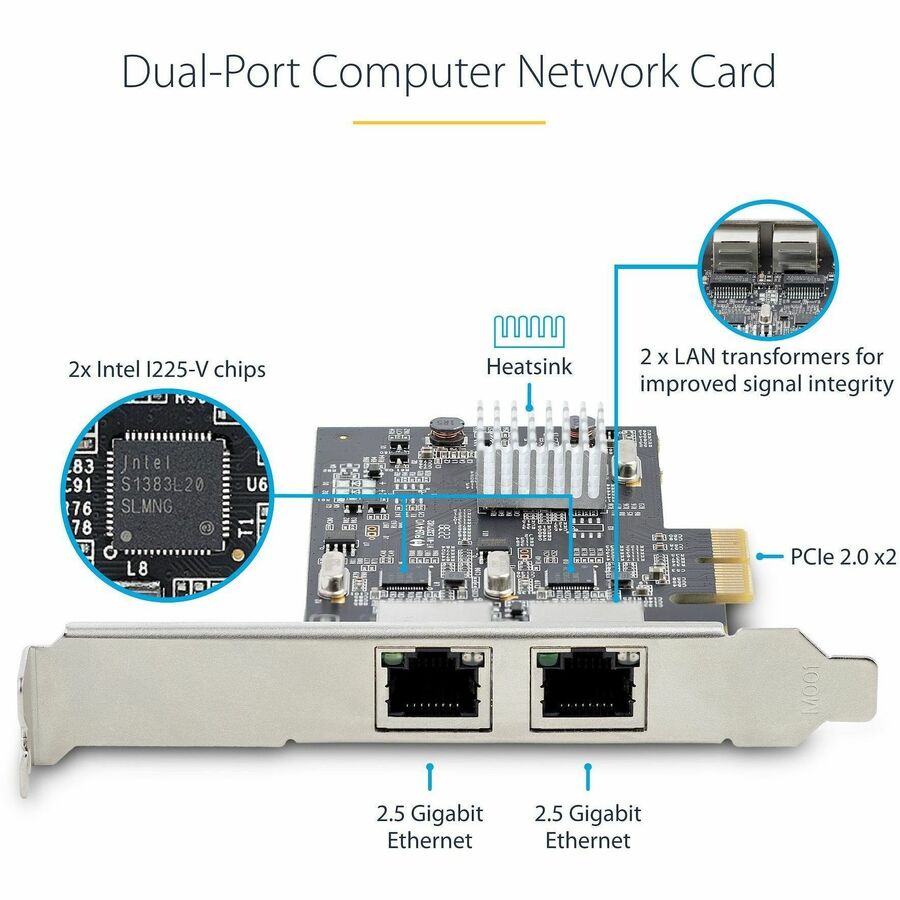 StarTech.com 2-Port 2.5G NBASE-T PCIe Network Card, Computer Network Card Interface, Intel® I225-V, Dual-Port Ethernet, Multi-Gigabit NIC PR22GI-NETWORK-CARD