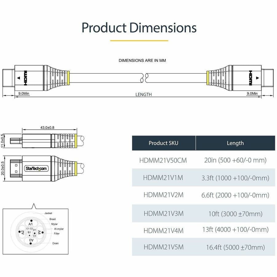 StarTech.com 20in (50cm) HDMI 2.1 Cable, Certified Ultra High Speed HDMI Cable 48Gbps, 8K 60Hz HDR10+, 8K HDMI Cord, TV/Monitor/Display HDMM21V50CM