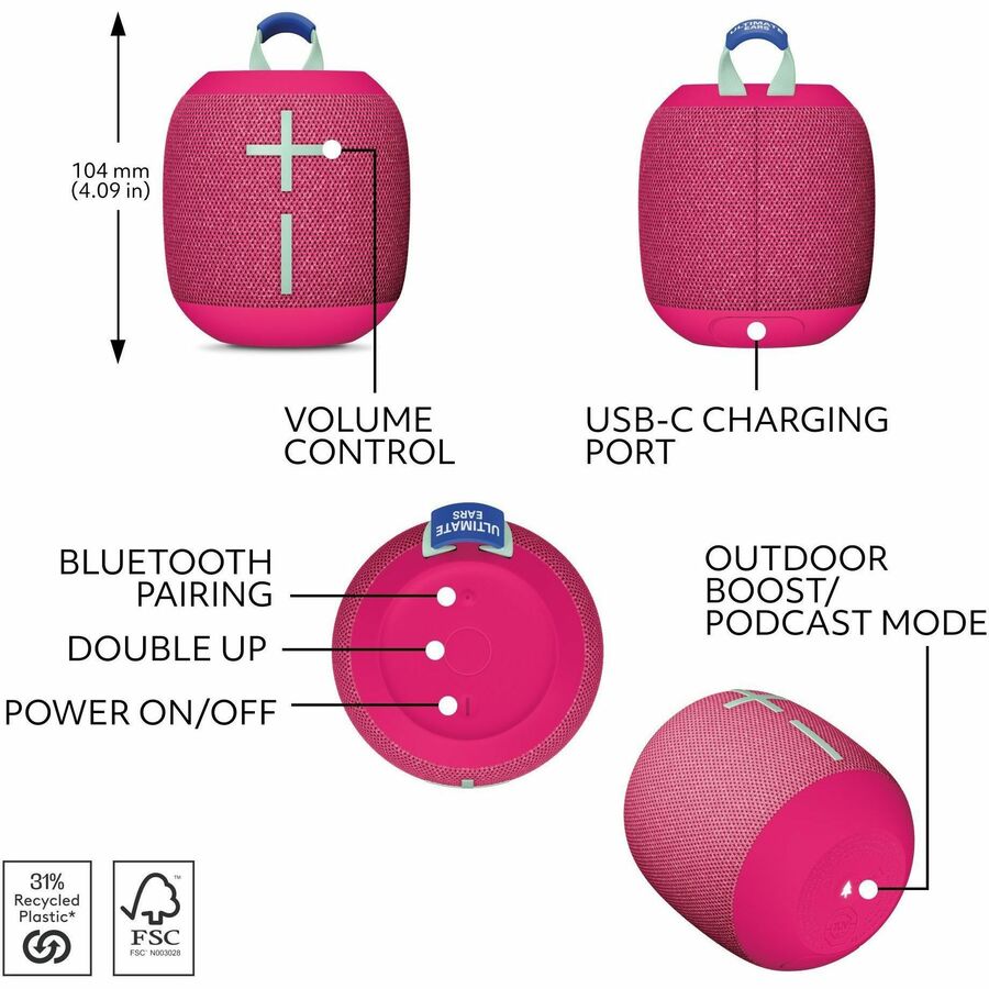 Ultimate Ears WONDERBOOM 4 Portable Waterproof Bluetooth Speaker With Big Bass and 360-Degree Sound, Dustproof Floating Speaker With 131ft (40m) Range, Pink 984-001878