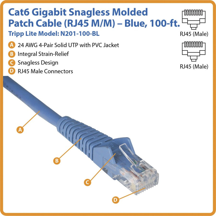 Eaton Tripp Lite Series Cat6 Gigabit Snagless Molded (UTP) Ethernet Cable (RJ45 M/M), PoE, Blue, 100 ft. (30.5 m) N201-100-BL