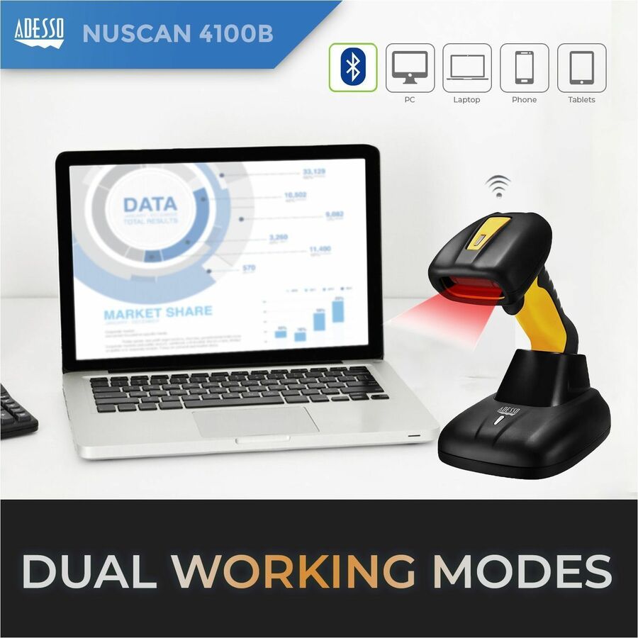 Adesso NuScan 4100B Bluetooth Antimicrobial Waterproof CCD Barcode Scanner NUSCAN 4100B