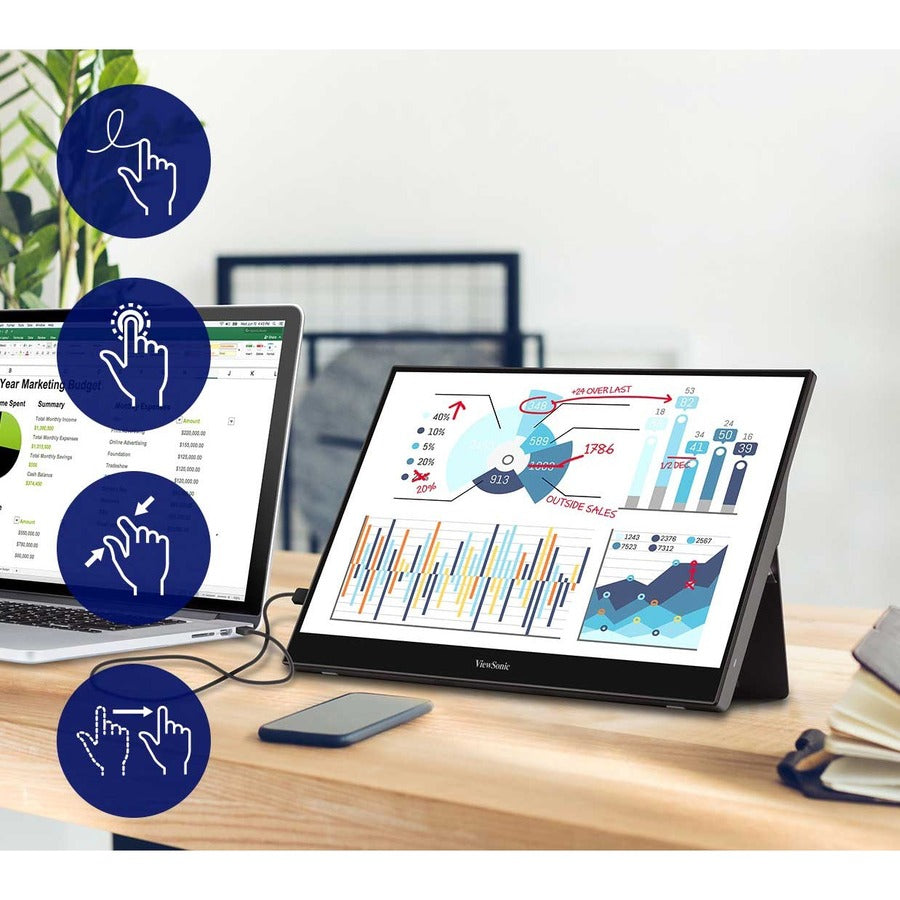ViewSonic TD1655 15.6 Inch 1080p Portable Monitor with IPS Touchscreen, 2 Way Powered 60W USB C, Eye Care, Dual Speakers, Built-in Stand with Magnetic Cover TD1655
