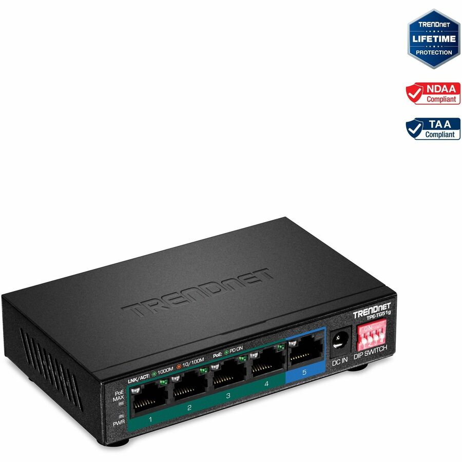 TRENDnet 5-Port Gigabit PoE+ Switch, Camera DIP Switch extends PoE+ 200m (656 ft.), 60W PoE Budget, Lifetime Protection, Black, TPE-TG51g TPE-TG51g
