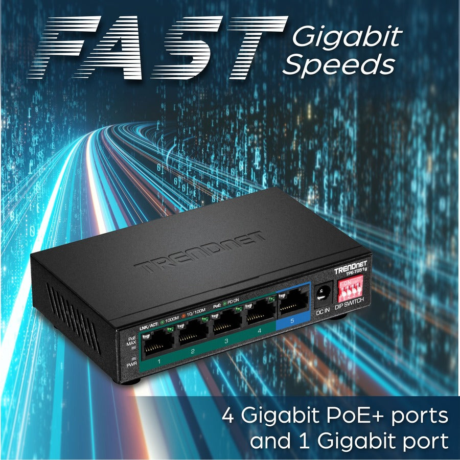 TRENDnet 5-Port Gigabit PoE+ Switch, Camera DIP Switch extends PoE+ 200m (656 ft.), 60W PoE Budget, Lifetime Protection, Black, TPE-TG51g TPE-TG51g