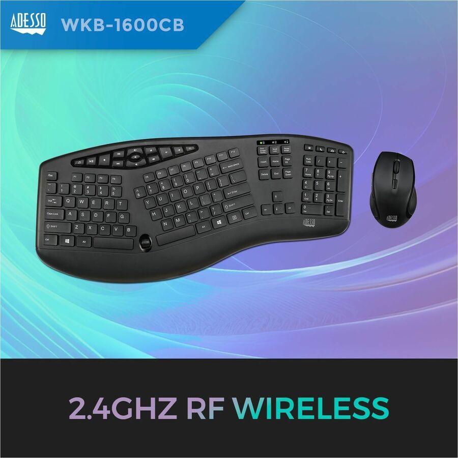 Adesso TruForm Wireless Ergonomic Keyboard And Optical Mouse WKB-1600CB