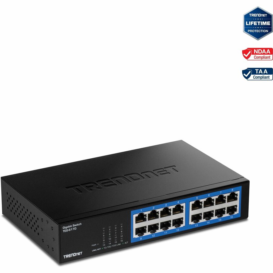 TRENDnet 16-Port Gigabit Desktop Switch, TEG-S17D, 16 x Gigabit RJ-45 Ports, 32Gbps Switching Capacity, Fanless Design, Metal Enclosure, Internal Power Supply, Lifetime Protection, Black TEG-S17D