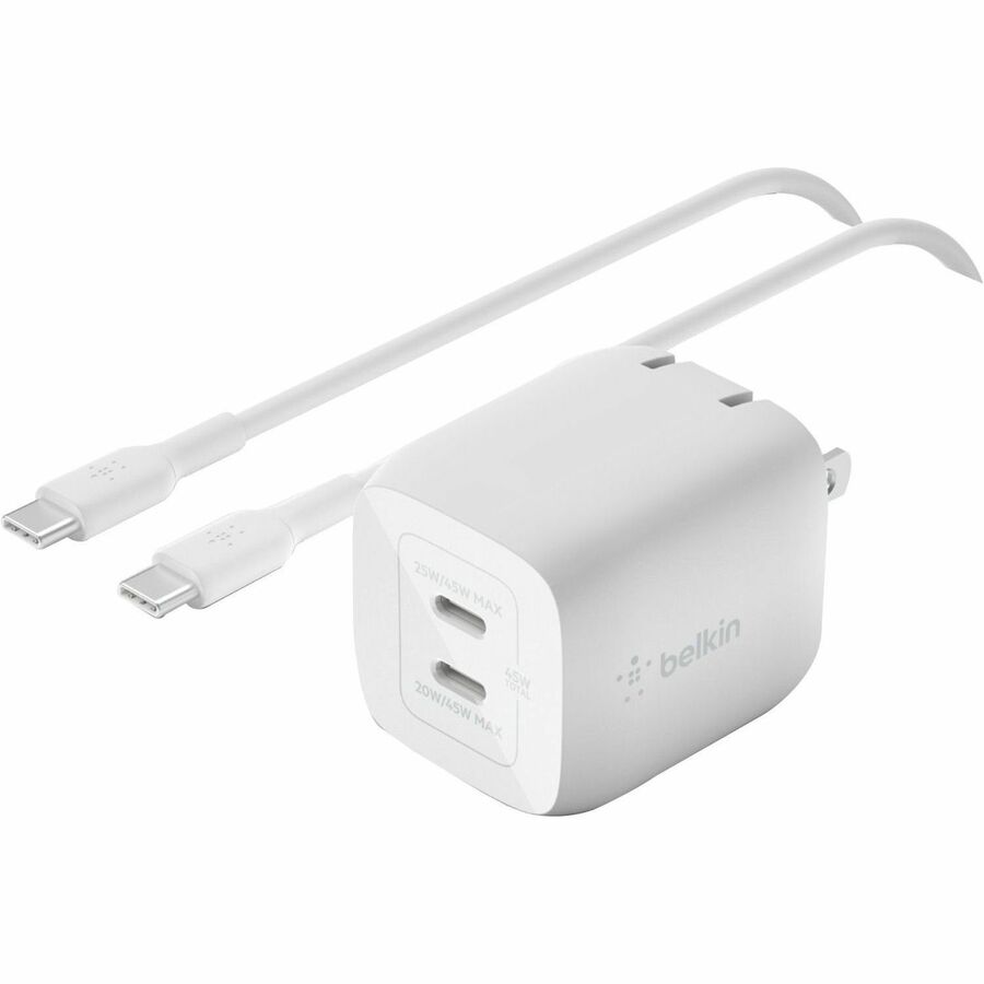 Belkin 45W Portable Dual Port GaN Wall Charger - 2xUSB-C (45W Total) - w/ USB-C to USB-C Cable - Fast Charging - Power Adapter - White WCH011DQ2MWH-B6