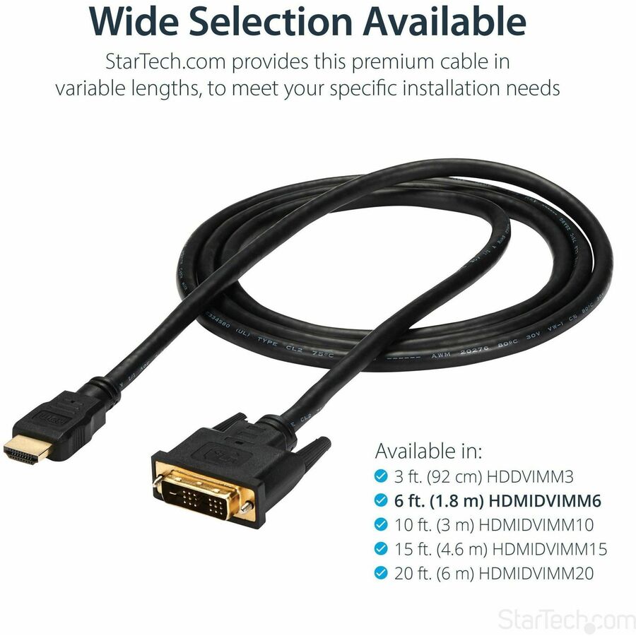 StarTech.com HDMI to DVI Cable - 6 ft / 2m - HDMI to DVI-D Cable - HDMI Monitor Cable - HDMI to DVI Adapter Cable HDMIDVIMM6