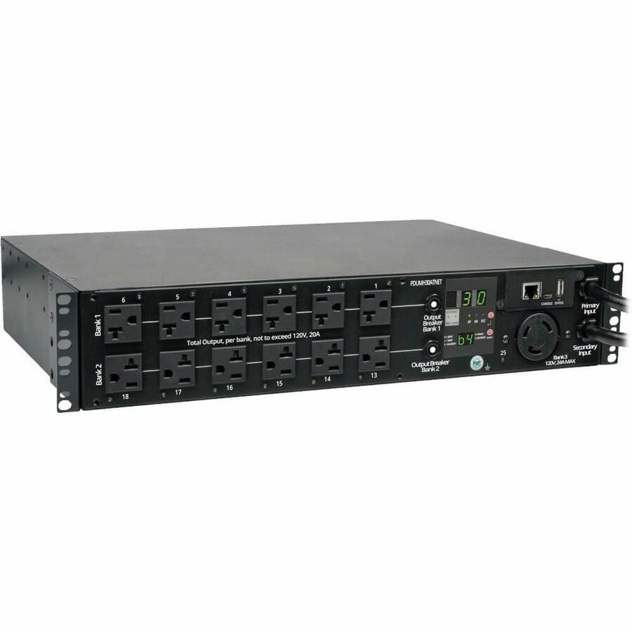 Eaton Tripp Lite Series 2.9kW Single-Phase Switched Automatic Transfer Switch PDU, 2 120V L5-30P Inputs, 24 5-15/20R & 1 L5-30R Outputs, 2U, TAA PDUMH30ATNET