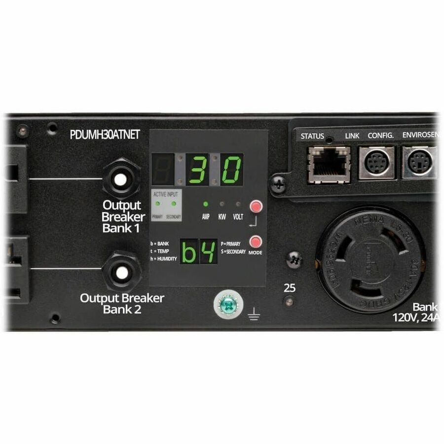 Eaton Tripp Lite Series 2.9kW Single-Phase Switched Automatic Transfer Switch PDU, 2 120V L5-30P Inputs, 24 5-15/20R & 1 L5-30R Outputs, 2U, TAA PDUMH30ATNET