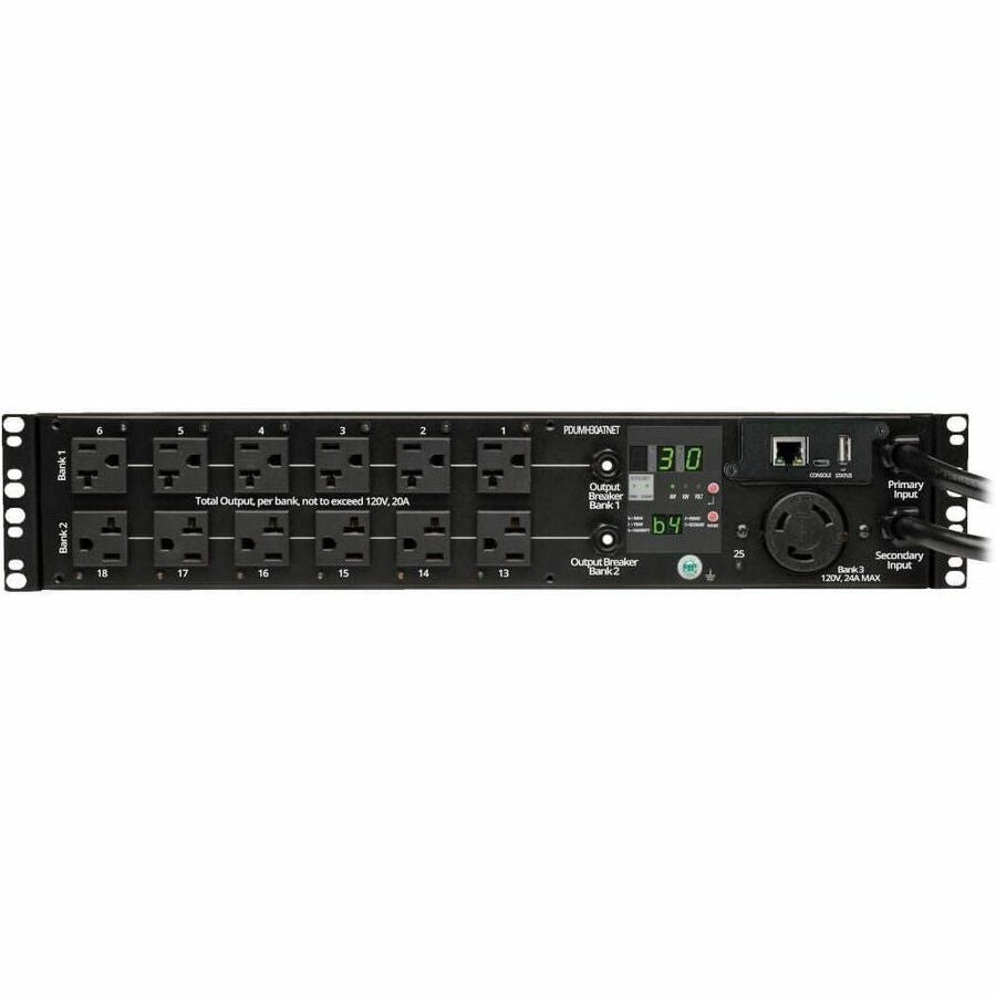 Eaton Tripp Lite Series 2.9kW Single-Phase Switched Automatic Transfer Switch PDU, 2 120V L5-30P Inputs, 24 5-15/20R & 1 L5-30R Outputs, 2U, TAA PDUMH30ATNET