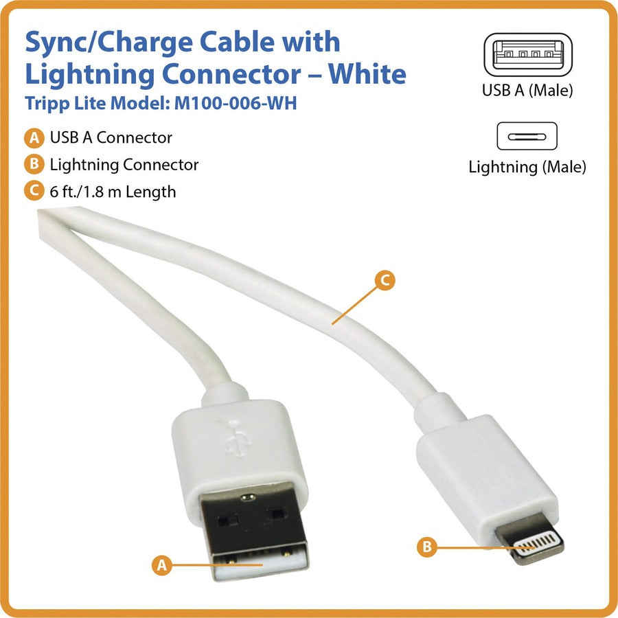 Eaton Tripp Lite Series USB-A to Lightning Sync/Charge Cable (M/M) - MFi Certified, White, 6 ft. (1.8 m) M100-006-WH