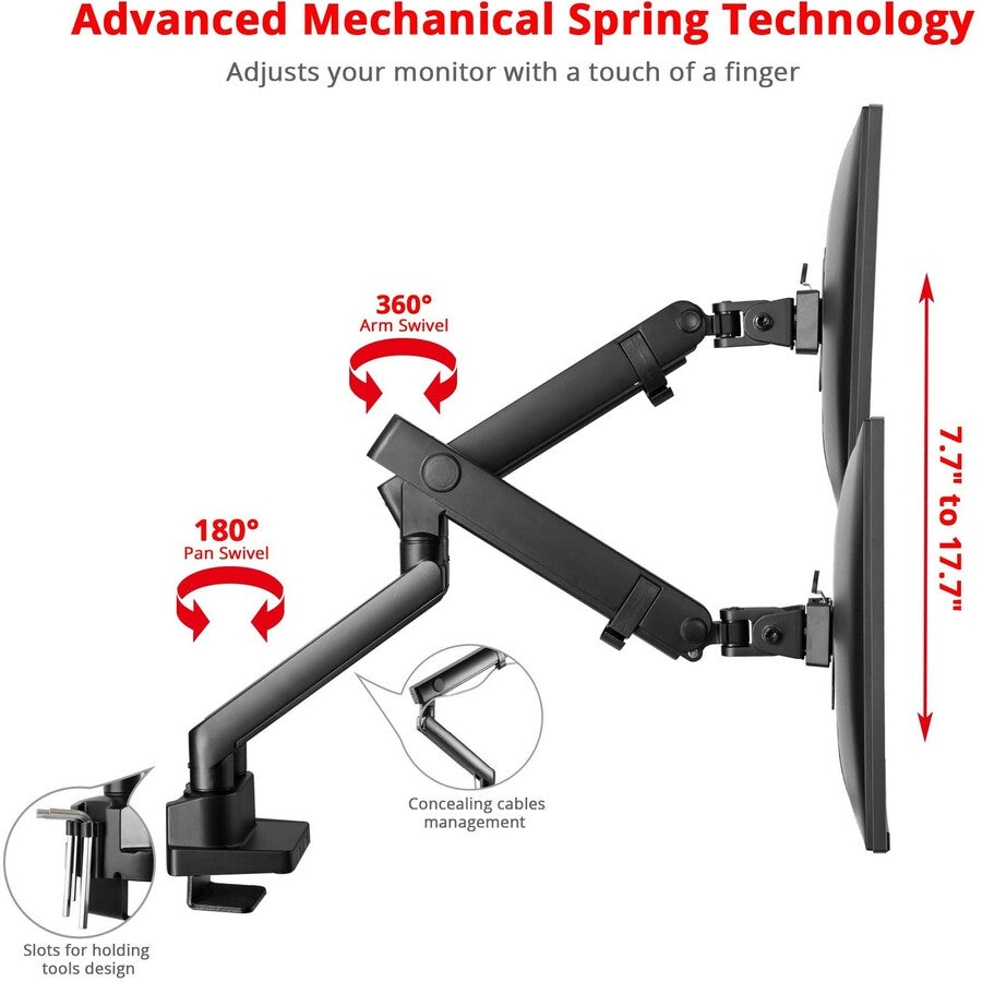 SIIG Aluminum Mechanical Spring Dual Monitor Mount - 17" to 32 - 17.6 lbs - Top Mounting CE-MT2U12-S1