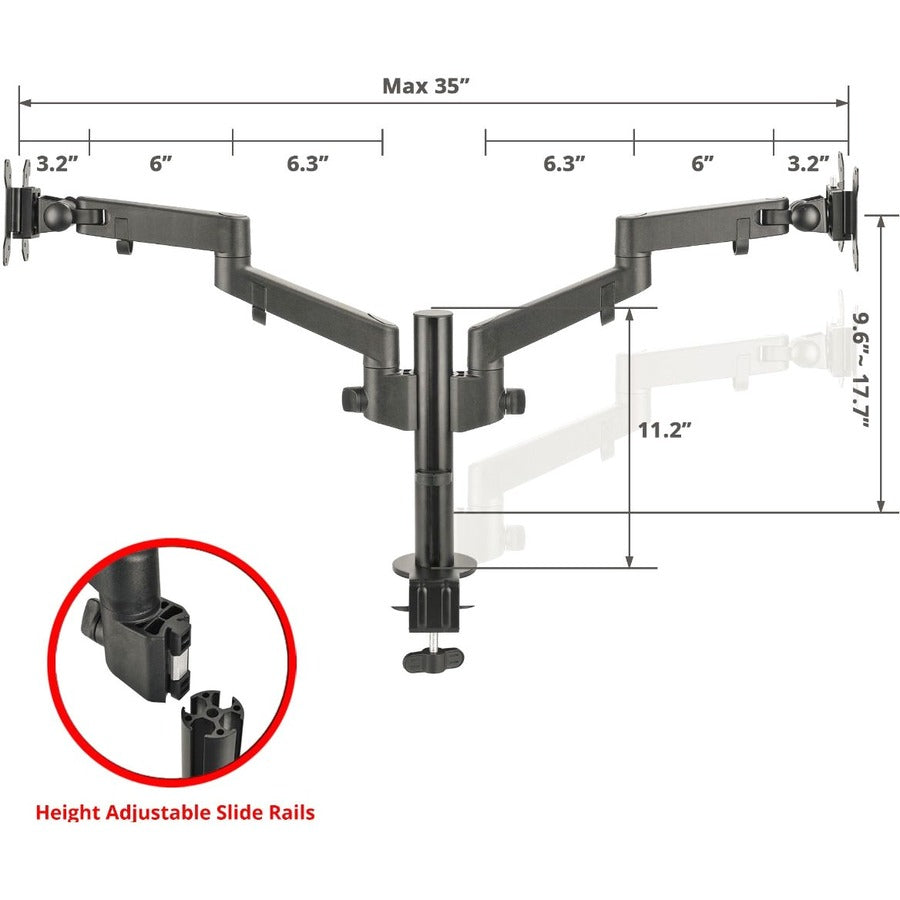 SIIG Dual Arm Pole Multi-Angle Replaceable Articulating Monitor Desk Mount - 14" to 30" - Max Load 17.6lbs each - Expandable Slide Rails Design - up to 4 monitors CE-MT3E11-S1