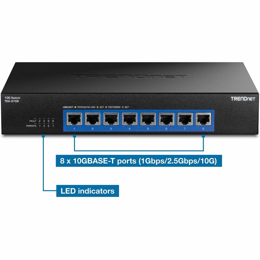 TRENDnet 8-Port 10G Unmanaged Switch, TEG-S708, 8 x 10G RJ-45 Ports, 160Gbps Switching Capacity, Rackmount Design, Lifetime Protection, Black TEG-S708