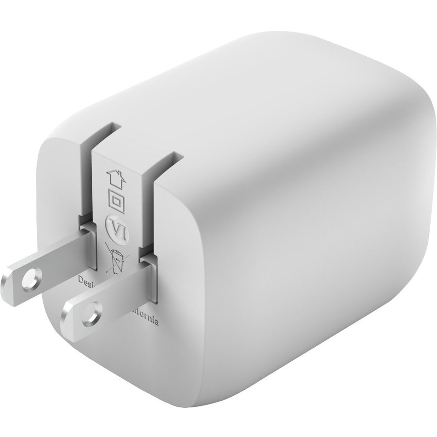 Belkin 65W Portable Dual Port GaN Wall Charger - 2xUSB-C (65W Total) - w/ USB-C to USB-C Cable - Fast Charging - Power Adapter - White WCH013DQ2MWH-B6