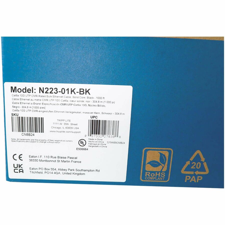 Eaton Tripp Lite Series Cat6a 10G Solid Core UTP Bulk Ethernet Cable, CMR Rated, Black, 1000 ft. (305 m) N223-01K-BK