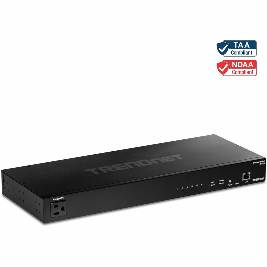 TRENDnet 6-Outlet Managed PDU, Rackmount Power Distribution Unit, 1 x NEMA 5-15R Bypass Power Outlet, 1 x Gigabit RJ-45 Port, Overload Protection, Surge Protection 2160J, Black, TPI-06 TPI-06