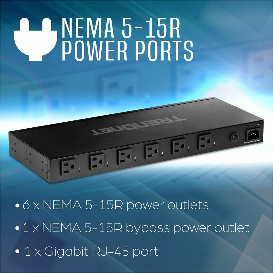 TRENDnet 6-Outlet Managed PDU, Rackmount Power Distribution Unit, 1 x NEMA 5-15R Bypass Power Outlet, 1 x Gigabit RJ-45 Port, Overload Protection, Surge Protection 2160J, Black, TPI-06 TPI-06