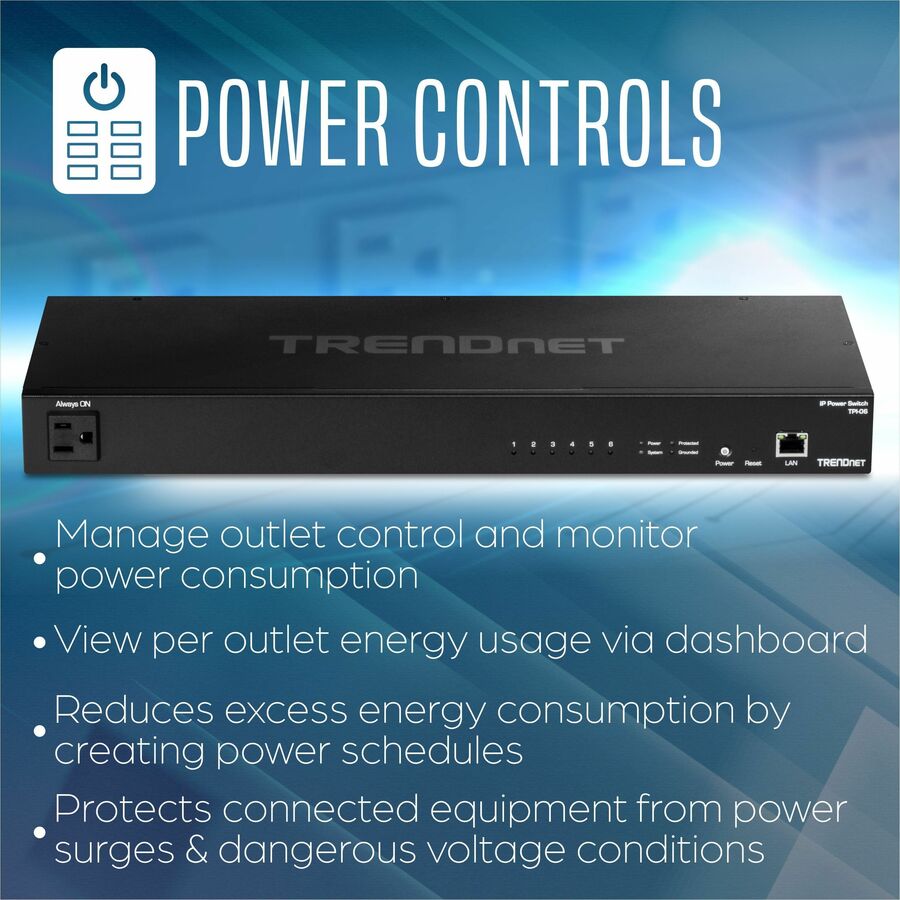 TRENDnet 6-Outlet Managed PDU, Rackmount Power Distribution Unit, 1 x NEMA 5-15R Bypass Power Outlet, 1 x Gigabit RJ-45 Port, Overload Protection, Surge Protection 2160J, Black, TPI-06 TPI-06