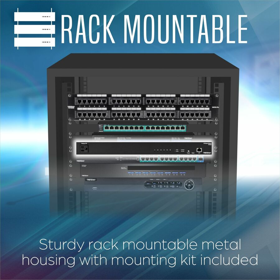 TRENDnet 6-Outlet Managed PDU, Rackmount Power Distribution Unit, 1 x NEMA 5-15R Bypass Power Outlet, 1 x Gigabit RJ-45 Port, Overload Protection, Surge Protection 2160J, Black, TPI-06 TPI-06