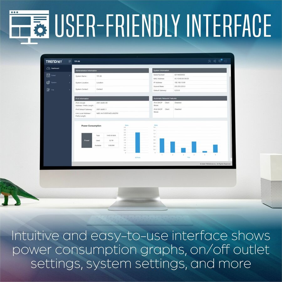 TRENDnet 6-Outlet Managed PDU, Rackmount Power Distribution Unit, 1 x NEMA 5-15R Bypass Power Outlet, 1 x Gigabit RJ-45 Port, Overload Protection, Surge Protection 2160J, Black, TPI-06 TPI-06