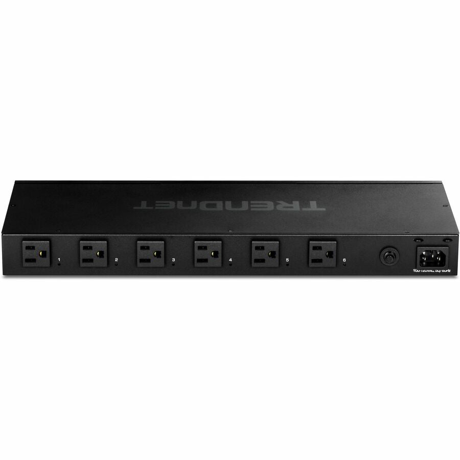 TRENDnet 6-Outlet Managed PDU, Rackmount Power Distribution Unit, 1 x NEMA 5-15R Bypass Power Outlet, 1 x Gigabit RJ-45 Port, Overload Protection, Surge Protection 2160J, Black, TPI-06 TPI-06