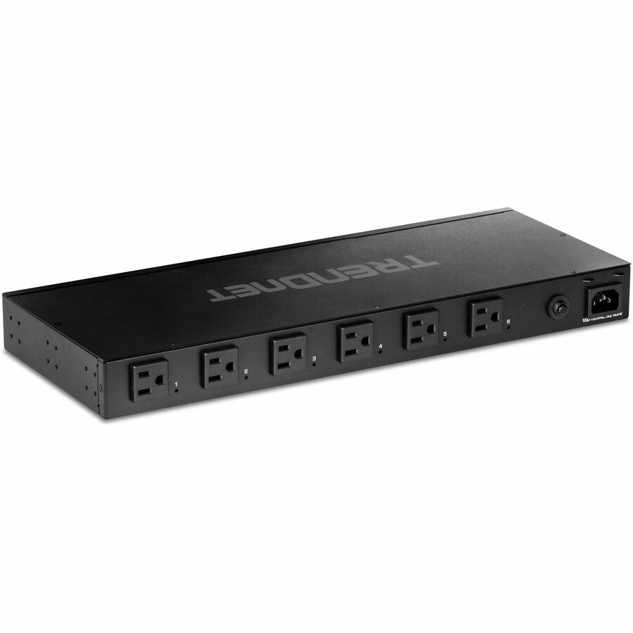 TRENDnet 6-Outlet Managed PDU, Rackmount Power Distribution Unit, 1 x NEMA 5-15R Bypass Power Outlet, 1 x Gigabit RJ-45 Port, Overload Protection, Surge Protection 2160J, Black, TPI-06 TPI-06